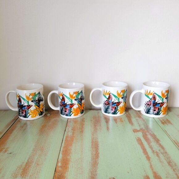 Vintage Butterfly & Flora Panstone Tropical Ceramic Set of 4 Coffee Mugs - Picture 15 of 15
